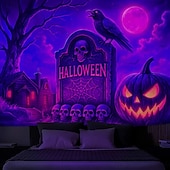 ieftine tapiserii de perete de Halloween-Tapiserie Hallaoween cu lumină neagră, reactivă UV, care strălucește în întuneric, pădure, munte trippy, cețos, cimitir, fantomă, tapiserie suspendată, artă murală pentru perete, living, dormitor