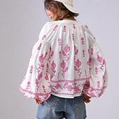 olcso Női Művészet és Dizájn Felsők-Női Ing Virágos Elegáns Csehország Szüret Hosszú ujj Lámpás hüvely V-alakú Crop Tops Napi Szabadság Alkalmi Hímzett Törtfehér hímzett szilvapiros-FEHÉR 2# sárgabarack hímzés világoszöld-sárgabarack