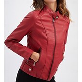 cheap Faux Leather Jackets-Women&#039;s Faux Leather Jacket Comfortable Pocket Full Zip Fashion Street Style Plain Outdoor Casual Daily Regular Stand Collar Regular Fit Long Sleeve Outerwear Black Red Camel Spring Fall