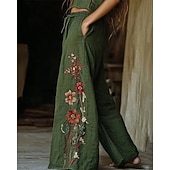  女性用 ワイドレッグ パンツ パラッツォパンツ ファッション ストリートファッション 全長 ハイウエスト フラワー ドローストリング 弾性ウエスト プリント 通気性 快適 ストリート デイリーウェア お出かけ グリーン 春 秋 レギュラー