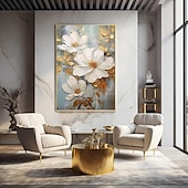 levne Květinové či botanické obrazy-Ručně malovaná olejomalba na plátně, nástěnná dekorace, abstraktní zlaté listy, velké bílé květy, pro domácí dekoraci, napnutý rám, závěsný obraz/rolovaný bezrámový, nenapnutý obraz