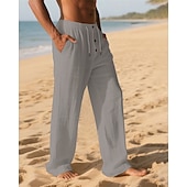 cheap Holiday-Men&#039;s Linen Pants Trousers Summer Pants Beach Pants Pocket Elastic Waist Drawstring Plain Comfort Breathable Vacation Daily Holiday Hawaiian Boho Dark Khaki Black