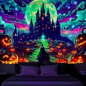 cheap Halloween Garage Door Cover-Halloween Blacklight Tapestry Witch Castle UV Reactive Glow in the Dark Forest Trippy Mountain Misty Graveyard Ghost Hanging Tapestry Wall Art Mural for Living Room Bedroom