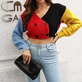 preiswerte Einfarbige Farben-Damen Strickjacke Lässig Farbblock Grobstrick V Ausschnitt Gestrickt Langarm Crop Tops Stricken Täglich Ferien Ausgehen Rote Herbst Winter