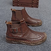 tanie Botki-męskie ręcznie robione botki w stylu retro z ozdobnymi klamrami – stylowe, codzienne buty inspirowane mokasynami, idealne na jesienne spacery, weekendowe wyjścia i codzienną modę