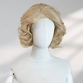 billiga Party Wigs-10‑Inch Short Gold Wavy Wig with Middle Part – No Bangs, Synthetic Halloween Hairpiece for Cosplay, Parties &amp; Photo Shoots