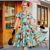 olcso Ruhák-retro vintage 1950-es évek vakációs ruha flare ruha női jelmez vintage cosplay alkalmi mindennapi rövid ujjú ruha maskara
