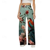 billiga breda ben och hög midja-Dam Brett skaft Byxor Streetwear Ledigt Fullängd Naturlig Blomma Mönster Elastisk dragsko-design Mjuk Utomhus Semester Gata Grön Höst Normal