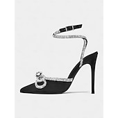 baratos Bombas Clássicas-salto agulha feminino de cetim preto com laço de strass e tira no tornozelo - salto alto elegante para eventos formais e coquetéis