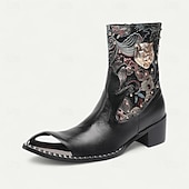abordables Bottes en cuir haut de gamme-Bottes de motard western noires en cuir de vachette pour hommes avec broderie florale et bout en métal, style cowboy rétro pour la conduite à moto, les événements country et la mode festival