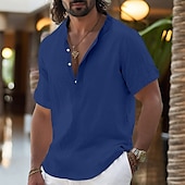 abordables Vacaciones-Hombre Camisa Camisa de lino Camisa con cuello mao Camisa de manga corta Camisa de verano Ropa de playa Plano Vacaciones Casual Negro Blanco Amarillo Rosa Manga Corta Henley Verano Ropa