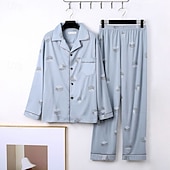 billige Pyjamas-Herre Nattøy Pyjamas Sett Pyjamas topp og bukse 1set Bokstaver Geometrisk Mote Stilfull Klassisk Hjem Daglig Seng Polyester Komfort Myk Pustende Knaphul Langermet Skjorte Bukse Elastisk midje Knapper
