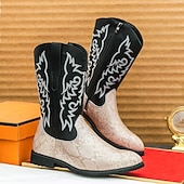 abordables Cowboy et bottes occidentales-Homme Bottes Bottes de Cowboy Rétro Chaussures en Peau de Serpent Marche ancien Occasionnel Cuir PU Confortable Antidérapant Chaud Bottes Mi-Mollet Mocassin Marron Noir / Rose