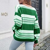 economico Motivi grafici e dettagli-Per donna Maglione Casual A righe Spesso Scollo a V Lavorato a maglia Manica Lunga Top Regolari Maglia Quotidiano Ferie Uscire Vino Blu Autunno Inverno