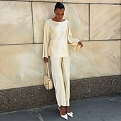 preiswerte Blusenanzüge für Damen-Damen Elegant Urlaub Vintage Hosen-Sets Langarm Rundhals Einfach Formell Aprikose Sommer Normale Passform