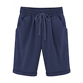 billiga Bermudashorts-loungeshorts för kvinnor i ren färg elastisk midja med dragsko enkel avslappnad komfort hem daglig semester ventilerande ficka fempunktsbyxor