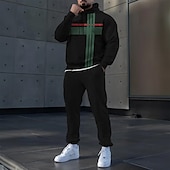 cheap Men&#039;s 3D Sweatshirt Sets-Men&#039;s Striped 2pcs 3D Sweatshirt Sets Tracksuit Hoodie Sweatshirt Long Sleeve Long pants Hooded Casual Daily Athleisure 3D Print Spring Fall Winter Black White