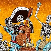abordables Jour des Morts Costume-Chemise boutonnée à manches longues pour homme avec têtes de mort et guitare « Lever un verre » par David Lozeau, édition limitée