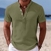 preiswerte Urlaub-Herren Hemd Leinenhemd Stehkragenhemd Popover-Hemd Sommerhemd Strandbekleidung Einfach Urlaub Lässig Schwarz Weiß Gelb Rosa Kurzarm Stehkragen Sommer Bekleidung