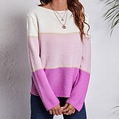 billige Grafiske mønstre og detaljer-Dame Genser Fritid Fargeblokk Tykk Crew-hals Strikket Langermet Vanlige topper Strikke Daglig Ferie Ut på byen Rosa Blå Høst Vinter