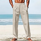 cheap Holiday-Men&#039;s Linen Pants Trousers Summer Pants Beach Pants Pocket Elastic Waist Drawstring Plain Comfort Breathable Vacation Daily Holiday Hawaiian Boho White Dark Red