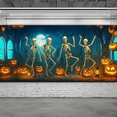 cheap Halloween Garage Door Cover-Halloween Garage Door Cover Dancing Skeletons and Pumpkins Banner, Large Tapestry Backdrop Decoration for Holiday Outdoor Garage Door and Home Wall, 2025 Halloween Decorations