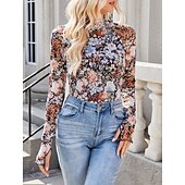 お買い得  フローラルTシャツ-女性用 ブラウス フラワー レオパード スタイリッシュ カジュアル 長袖 タートルネック レギュラートップス 日常 祝日 お出かけ プリント ブラック ピンク グリーン カーキ色 夏 春 秋