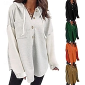 baratos Tops Simples-Mulheres Pulôver Moletom Com Capuz Tecido Casual Manga Longa Com Capuz Tops regulares Rua Dia a Dia Bolsos Botões Preto Laranja Verde cáqui Cinzento Outono Inverno
