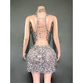 abordables Déguisements pour femmes-Mini-robe à col haut ornée de strass en deux pièces pour chanteuse, danseuse, tenue de scène, de fête, de carnaval