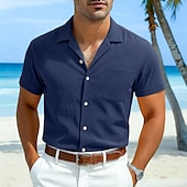 economico Vacanza-Per uomo Camicia bianca di cotone Camicia Estiva Camicia casual Camicia in cotone e lino Camicia con colletto cubano Semplice Vacanza Casuale Nero Giallo Blu marino Verde Manica Corta Collo Camp