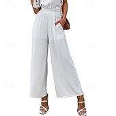 abordables jambe large et taille haute-Femmes Jambe large Slacks Streetwear Occasionnel Longueur complète Naturel Uni Avec Poches Taille Élastique Confortable Fête Week-end Rouille Vert printanier Noir Blanche Automne Coupe régulière