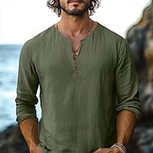 preiswerte Urlaub-Herren Hemd Leinenhemd Sommerhemd Strandhemd Einfarbig Urlaub Lässig Schwarz Weiß Grün Khaki Langarm V Ausschnitt Sommer Frühling Bekleidung Basic