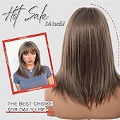 billige Syntetiske trendy parykker-Kort brun parykk med gardinlugg lysebrun bob-parykk 16 tommers middels lang parykk rett bob-parykk for kvinner blonde striper syntetisk parykk varmebestandig fiberhår