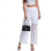 abordables jambe large et taille haute-Femmes Jambe large Slacks Streetwear Occasionnel Longueur complète Naturel Uni Dentelle Patchwork Taille Élastique Confortable Fête Sortir Vert translucide Noir Blanche Bleu de minuit Automne Coupe