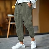 baratos Retrô-Homens Calças de linho Calças Calça verão Bolsos Cintura elástica Com Cordão Listrado Conforto Respirável Comprimento total Ao ar livre O negócio Diário Férias Negócio Preto Branco