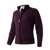 baratos suéter cardigã masculino-Homens Sueter Cardigan Suéter Cortado Suéter com zíper Suéter de malha Estriado Tricotar Tops regulares Tosão Tecido Colarinho Chinês Moda Clássico Férias Roupa Diária Roupa Outono Inverno Vermelho