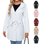 cheap Active Jacket-Women&#039;s Coat Waterproof Comfortable Pocket Buttons Fashion Street Style Plain Outdoor Casual Daily Long Hooded Regular Fit Long Sleeve Outerwear Black White Pink Spring Fall