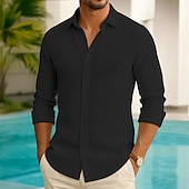 economico camicia da uomo con bottoni-Per uomo Camicia Camicia a nido d&#039;ape Camicia Estiva Camicia casual Camicia con Bottoni Camicie sbottonate Nero Bianco Blu Kaki Manica Lunga Semplice Bavero Vacanza Quotidiano Abbigliamento Moda