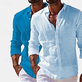 preiswerte Klassiker-Herren Hemd Leinenhemd Sommerhemd Strandbekleidung Knopfhemd Einfach Urlaub Lässig Weiss + Rosa Marineblau + Grau Grün+Khaki Blau+Marineblau Langarm Umlegekragen Sommer Frühling Bekleidung Rein