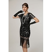 preiswerte Kleider-Retro Vintage Goldene Zwanziger 1920er Midlänge Flapper Kleid Cocktailkleid Der große Gatsby Flapper-Mädchen Pailletten Fransen V Ausschnitt Damen Weihnachten Halloween Karneval Hochzeit