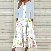 ieftine Tipăriți rochii florale-Pentru femei Rochii Midi Rochie casual Set de rochii Modă Modern Zilnic Plajă Sfârșit de săptămână Fit regulat Floare Manșon Jumate În V Alb Roz Îmbujorat Kaki Albastru Deschis Primăvară Toamnă