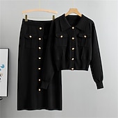 abordables Ensembles chemisiers pour femmes-Femmes Robe Ensemble Robe fourreau Occasionnel Robes semi-formelles Uni Avec Poches Robe Midi manche longue Col de chemise Extérieur Date Noir Kaki Abricot Automne Coupe Ample