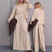 billige Sweatsuits for kvinner-Dame Elegant Årgang Mote Buksesett Bolero topp Langermet Rullekrage Helfarge Avslappet Daglig Stevnemøte Roségull Hvit Champagne Høst Løstsittende