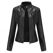 voordelige Imitatieleren jassen-Dames Jas van imitatieleer Comfortabel Zak Volledige ritssluiting Modieus Street Style Effen Buiten Casual / Dagelijks Normaal Opstaand Normale pasvorm Lange mouw bovenkleding Zwart Rood Kameel Lente