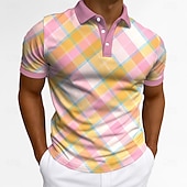 baratos Polo Geométrico Masculino-Homens Pólo O negócio Casual Aberto para a Lateral Manga Curta Moda Lazer Geométrica Xadrez Botões Verão Azul Laranja Pólo