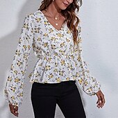 voordelige Bloemen tops-Dames Zomer tops Bloemig Dagelijks Stijlvol Basic Lange mouw Lantaarn mouw V-hals Normale tops Werk Dagelijks Feestdagen Afdrukken Wit Zomer Lente