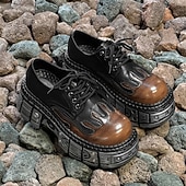 ieftine Cizme de motociclism-Pantofi Oxford cu platformă gotică pentru bărbați, cu flăcări – pantofi cu talpă groasă în stil punk pentru cosplay, Halloween și streetwear