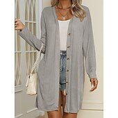 abordables Manteaux &amp; trenchs-Femmes Veste Décontractée Confortable Respirant Boutons Occasionnel Uni Vacances Rue Occasionnel Tenue quotidienne Simple Boutonnage Long Col en V Coupe régulière manche longue Vêtements d&#039;extérieur