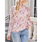 お買い得  フローラルTシャツ-女性用 ブラウス フラワー レオパード スタイリッシュ カジュアル 長袖 タートルネック レギュラートップス 日常 祝日 お出かけ プリント ブラック ピンク グリーン カーキ色 夏 春 秋