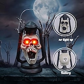 billige Halloween-Halloween håndtak LED lysende hodeskaller hode røde øyne lampe glødende i mørke retro parafinlampe festdekorasjon